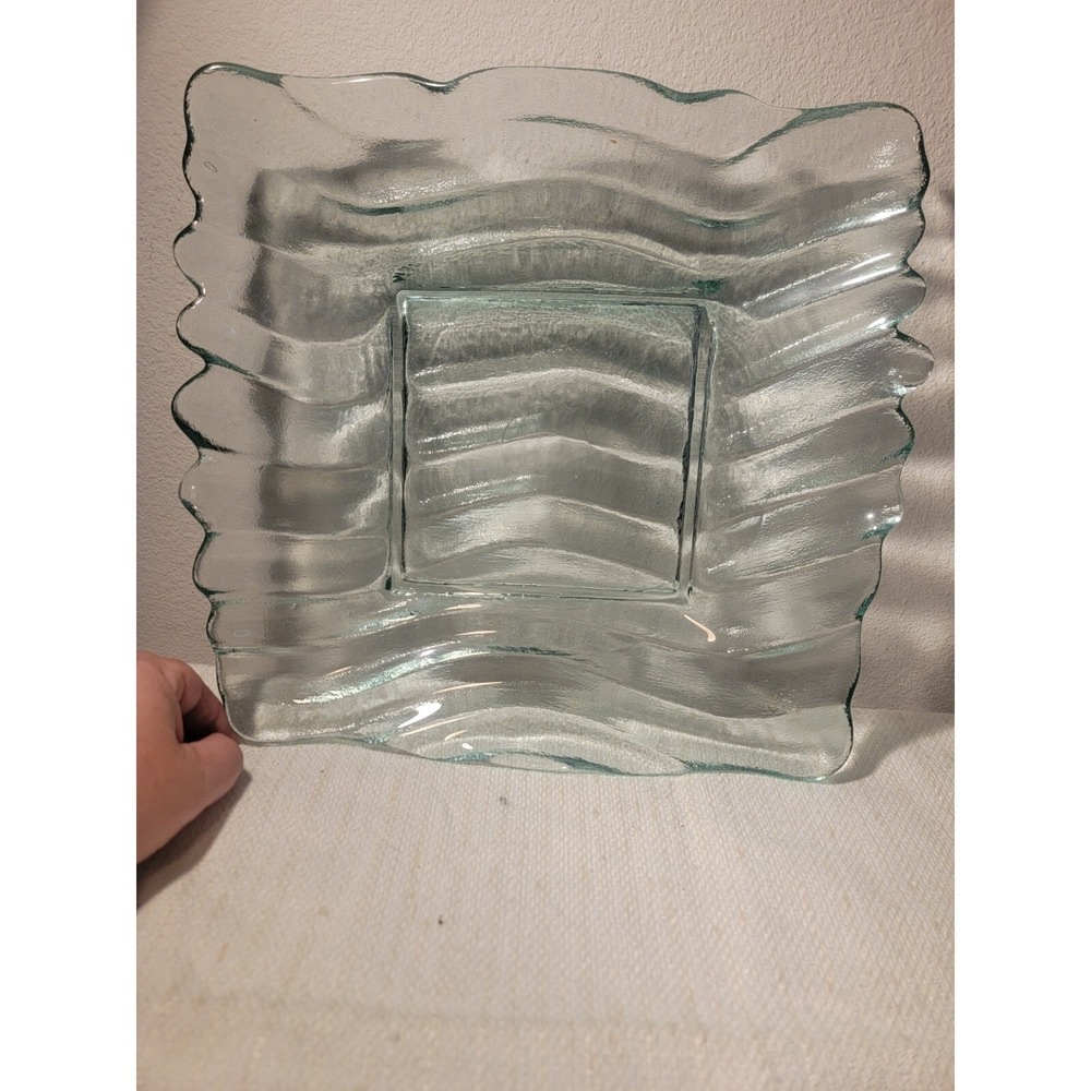 Blue Green Tint Ruffle Glass Tray, Square Serving Bowl, Centerpiece 12‎ In Heavy
